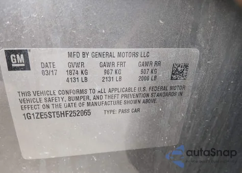 2017 Chevrolet Malibu 1Lt z USA, uszkodzony, nr VIN 1G1ZE5ST5HF252065